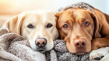 Two dogs laying on a blanket together photo