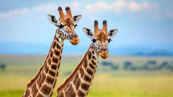 Two giraffes standing in the grass with a blue sky in the background photo