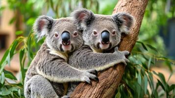 Two koalas are sitting on a tree branch photo