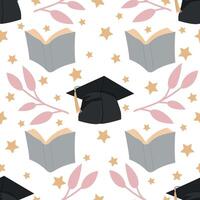 Seamless graduation pattern with books and mortarboards. vector