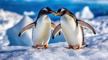 Two penguins standing on the snow with their backs to the camera photo