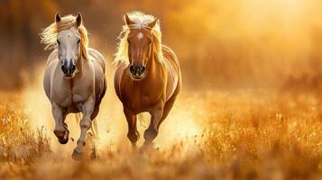 Two horses running in the field at sunset photo
