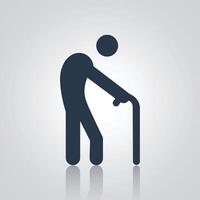 Person walking with cane, old man icon, with a silver background vector