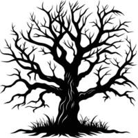 Silhouette of a large leafless tree with twisted and spreading branches black illustration representing nature winter or eerie themes on a plain white background vector