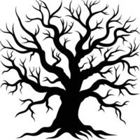 Silhouette of a large leafless tree with twisted and spreading branches blacK illustration representing nature winter or eerie themes on a plain white background 1 vector