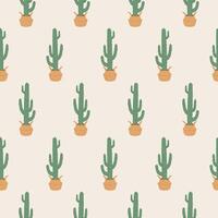 Seamless cactus pattern with potted plants. Seamless pattern with hand drawn green cacti in basket pots on light background, perfect for wrapping paper, textile, wallpaper, design. Flat illustration vector