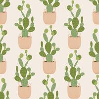 Seamless cactus pattern with potted plants. Seamless pattern with hand drawn green cacti in wicket basket on light background, perfect for wrapping paper, textile, wallpaper, design. Flat illustration vector