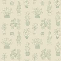 Houseplant seamless pattern. Outline doodle seamless pattern with hand drawn potted plants, cacti, monstera, and ficus on a light background. Line sketch for wrapping paper, fabric, wallpaper. vector