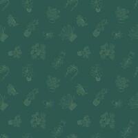 Houseplant seamless pattern. Outline doodle seamless pattern with hand drawn potted plants on a green background. Floral line sketch for wrapping paper, fabric, wallpaper, and product design. vector