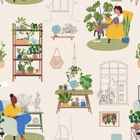 Seamless pattern with cozy interior scenes. Background with houseplants, greenhouse, furniture, relaxing people. Pattern with home plants on light background for wrapping paper, textile, design. vector