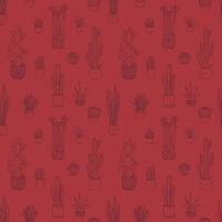 Seamless cactus pattern with potted plants on red background. Seamless pattern with hand drawn cacti in flower pots, perfect for wrapping paper, textile, wallpaper, product design. Red illustration vector