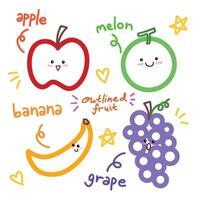 Cute kawaii simple outlined fruits illustration isolated on square white background. vector