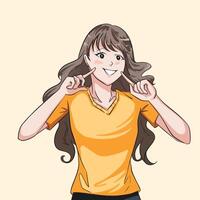 Cute young girl smiling with fingers on cheek gesture colorful illustration isolated on square yellow background. vector