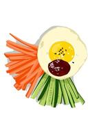 Breakfast illustration of fried egg sliced carrots cucumber vector