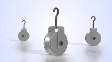 Pulley Blocks on a Light Reflective Floor. Pulley Wheel 3D Animation. 4K video