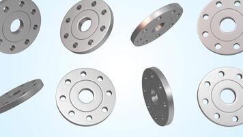 Flat Flanges Falling on a Light Blue Background. Steel Flanges 3D Animation. 4K video