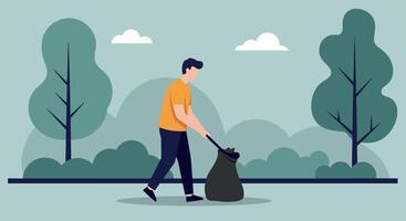 Man picking up trash in park with trees in flat style. World Environment Day vector