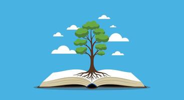 Tree growing from open book on blue background with clouds. World Environment Day vector