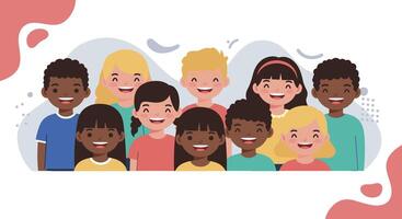 Diverse group of smiling children on white background with shapes vector