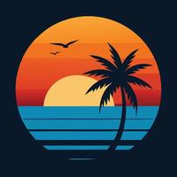 sunset on palm tree silhouette illustration design. vector