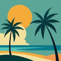 summer beach scene with palm tree and waves colorful design. vector