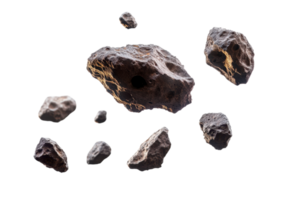 Meteorite Fragments Scattered in Space. Isolated on a Transparent Background png