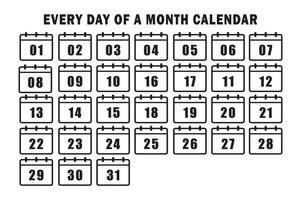 set of date icons for web, Calendar icon with different date from 1 to 31 day. isolated on white background . Flat design. vector