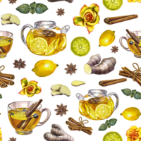Seamless pattern with teapots cups of tea and spices. In yellow color. Watercolor hand drawn illustration. For backgrounds, textiles, packaging and invitations, banner and menu. png