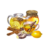 Fragrant antiviral tea with lemon, cinnamon and ginger and honey. Glass teapot and cup with vitamin tea against colds. png