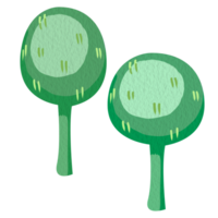 Clip art illustration of two very simple green trees. Minimalist childish illustration without a background for books or games. Rounded shape and short green trunk. Soft paper texture and lighting. png