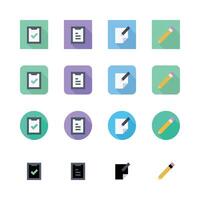 Flat Icon Set Of Checklist Document And Pencil With Long Shadow Style vector