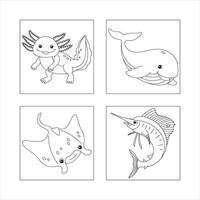 Under The Sea Coloring Page With Axolotl,Whale,Stingray,And Sailfish vector