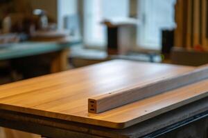 Disassembled wooden table parts in carpentry studio. Legs, base and tabletop, organized for assembly photo