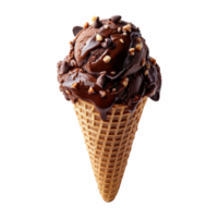 Chocolate ice cream cone with nuts and sauce on a transparent background png