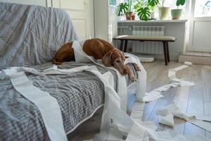 Funny moment of guilty dog causing mess and relaxing amid chaos it created with paper rolls at home. photo