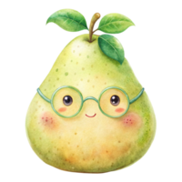 A pear with glasses and a green leaf png