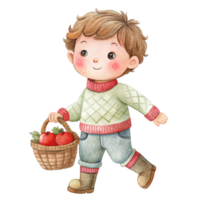 A watercolor illustration of a boy carrying a basket of apples png
