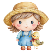 A little girl with a straw hat and a chicken png