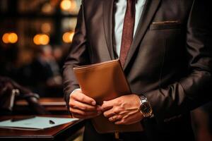 Diary or a folder with documents in the hands of a businessman in close-up photo