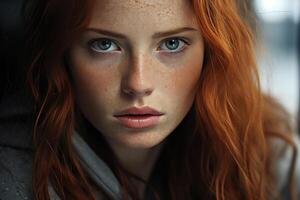 Portrait of a red-haired young woman with freckles photo