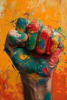 A clenched fist covered in vibrant paint against a backdrop of bright color, representing creativity, expression, and the power of art. photo