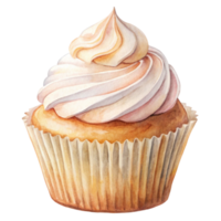 Watercolor illustration of a cupcake with cream frosting png