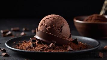 Chocolate ice cream with chocolate pieces on a black background photo