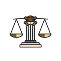 A stylized depiction shows a blindfolded lady holding a balanced scale, symbolizing justice and impartiality. cutouts png
