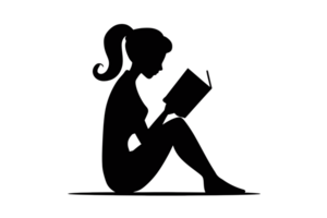 A silhouette of a seated person shows them engaged in reading a book, with a ponytail and relaxed posture cutouts png