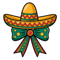 sombrero is adorned with traditional patterns in yellow, red, and green, sitting above a decorative bow with matching colors and circular accents cutouts png