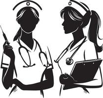 Two women in nurse uniforms holding a clipboard vector