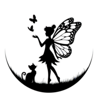 A silhouette of a fairy with intricate wings stands gracefully on grass, surrounded by butterflies. Beside her, a cat sits attentively, creating a whimsical scene. cutouts png