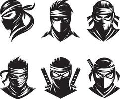 Ninja head set of black and white illustration vector