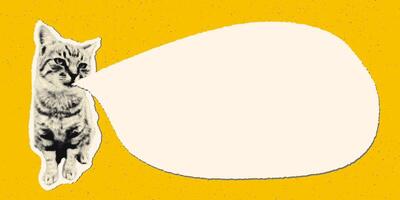 Trendy halftone art collage banner template. Cut out cat with blank empty speech bubble, vintage torn paper texture on bold yellow background. Modern retro illustration for mixed media design vector
